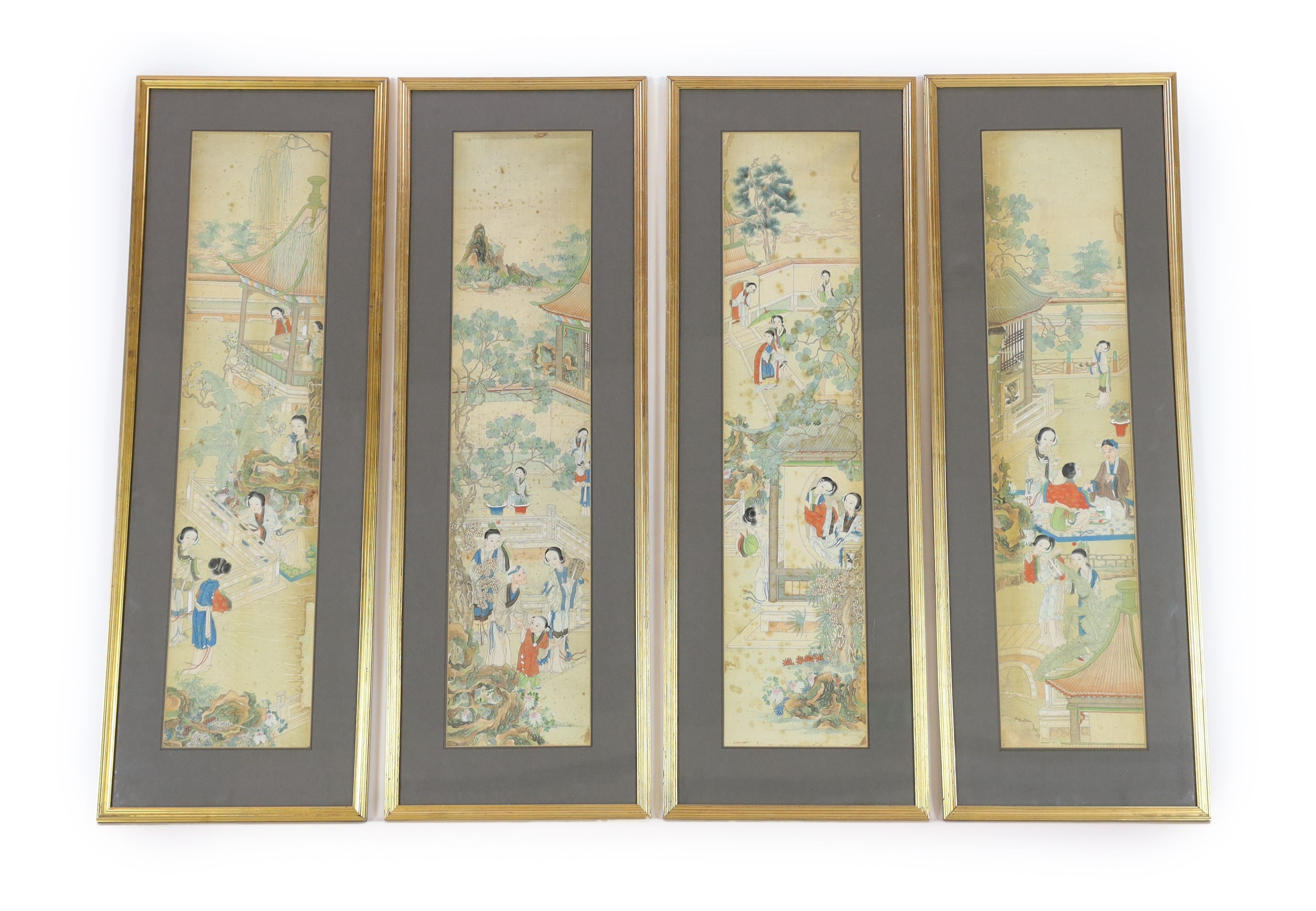 A set of four Chinese paintings on silk of ladies in pavilion gardens, 19th century each image 82 cm x 18.5 cm, damage